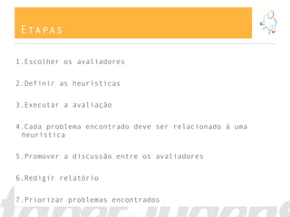 Etapas
1.Escolher os avaliadores
2.Definir as heurísticas
3.Executar a avaliação
4.Cada problema encontrado deve ser relacionado à uma
heurística
5.Promover a discussão entre os avaliadores
6.Redigir relatório
7.Priorizar problemas encontrados
 