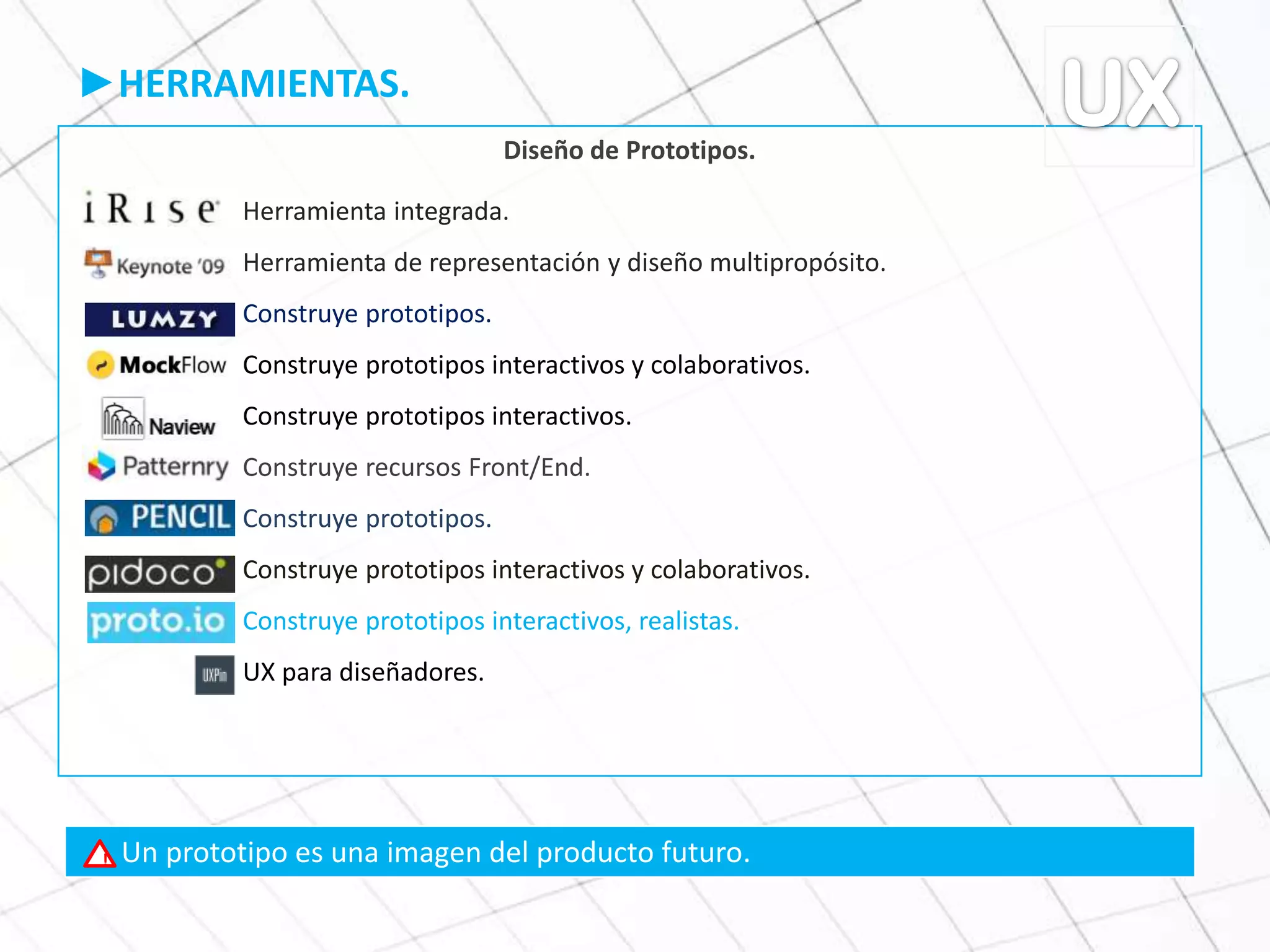 ►HERRAMIENTAS.
Diseño de Prototipos.
Herramienta integrada.
Herramienta de representación y diseño multipropósito.
Construye prototipos.
Construye prototipos interactivos y colaborativos.
Construye prototipos interactivos.
Construye recursos Front/End.
Construye prototipos.
Construye prototipos interactivos y colaborativos.
Construye prototipos interactivos, realistas.
UX para diseñadores.
Un prototipo es una imagen del producto futuro.!
 