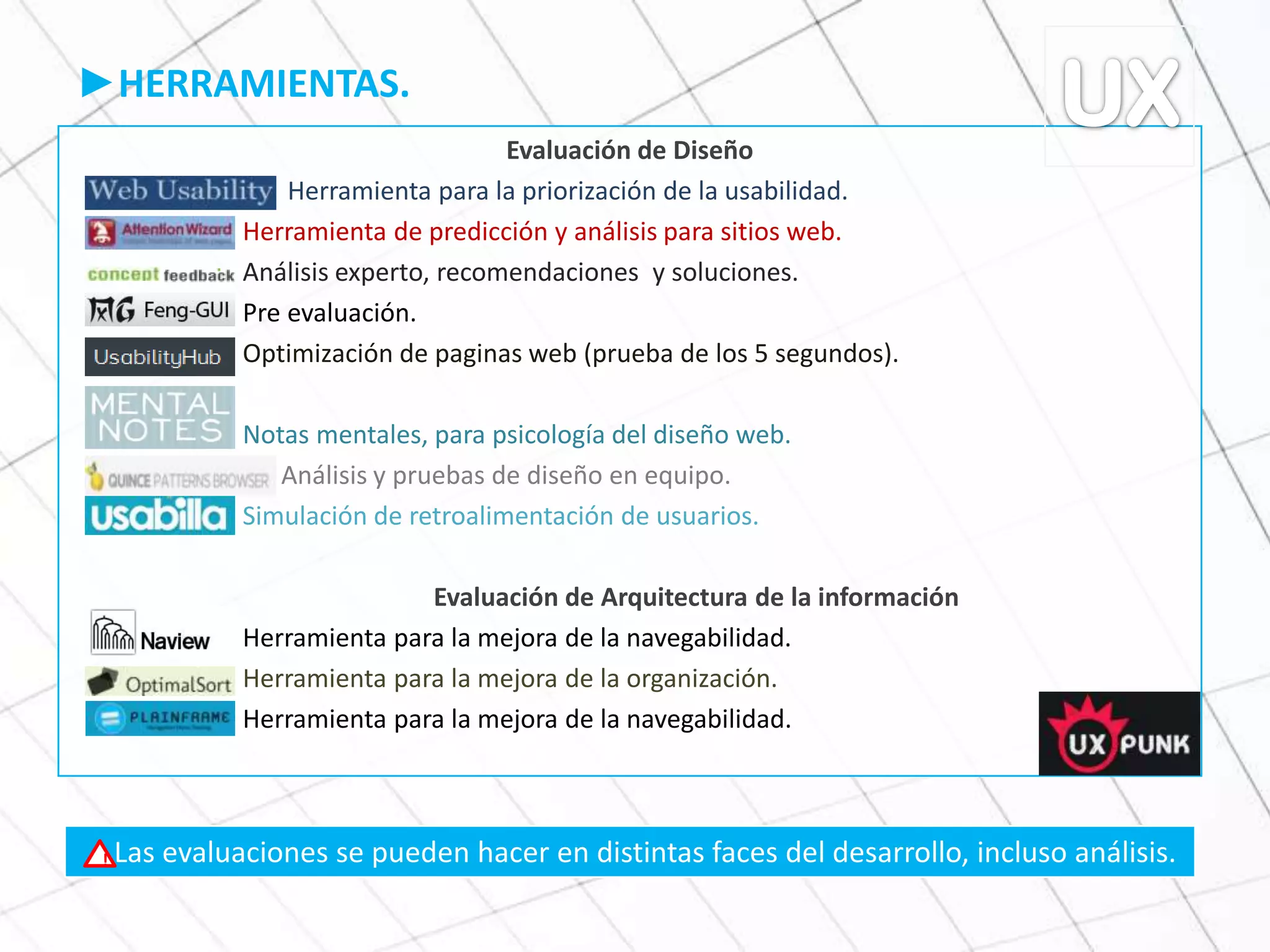 ►HERRAMIENTAS.
Evaluación de Diseño
Herramienta para la priorización de la usabilidad.
Herramienta de predicción y análisis para sitios web.
Análisis experto, recomendaciones y soluciones.
Pre evaluación.
Optimización de paginas web (prueba de los 5 segundos).
Notas mentales, para psicología del diseño web.
Análisis y pruebas de diseño en equipo.
Simulación de retroalimentación de usuarios.
Evaluación de Arquitectura de la información
Herramienta para la mejora de la navegabilidad.
Herramienta para la mejora de la organización.
Herramienta para la mejora de la navegabilidad.
Las evaluaciones se pueden hacer en distintas faces del desarrollo, incluso análisis.!
 