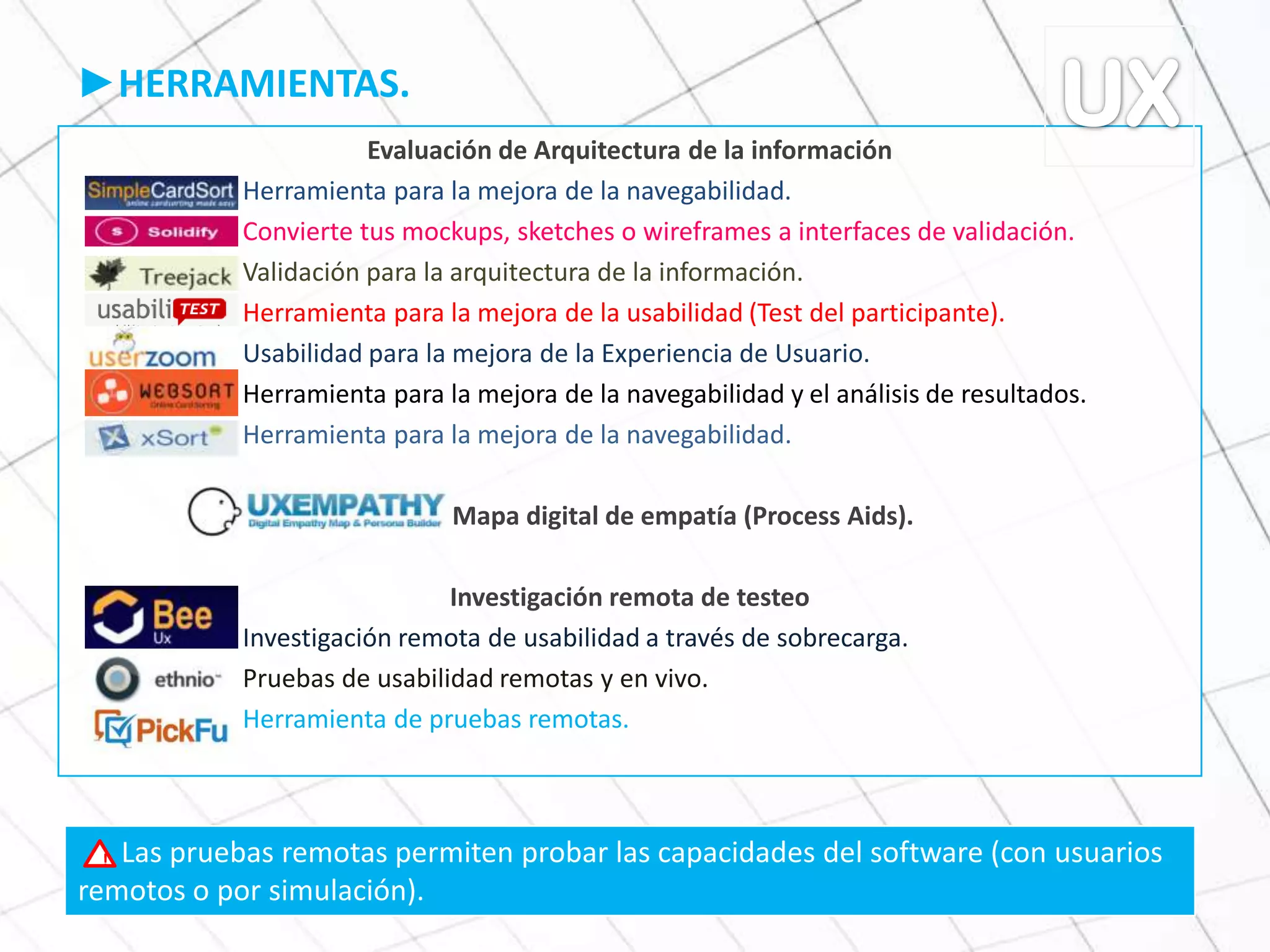 ►HERRAMIENTAS.
Evaluación de Arquitectura de la información
Herramienta para la mejora de la navegabilidad.
Convierte tus mockups, sketches o wireframes a interfaces de validación.
Validación para la arquitectura de la información.
Herramienta para la mejora de la usabilidad (Test del participante).
Usabilidad para la mejora de la Experiencia de Usuario.
Herramienta para la mejora de la navegabilidad y el análisis de resultados.
Herramienta para la mejora de la navegabilidad.
Mapa digital de empatía (Process Aids).
Investigación remota de testeo
Investigación remota de usabilidad a través de sobrecarga.
Pruebas de usabilidad remotas y en vivo.
Herramienta de pruebas remotas.
Las pruebas remotas permiten probar las capacidades del software (con usuarios
remotos o por simulación).
!
 