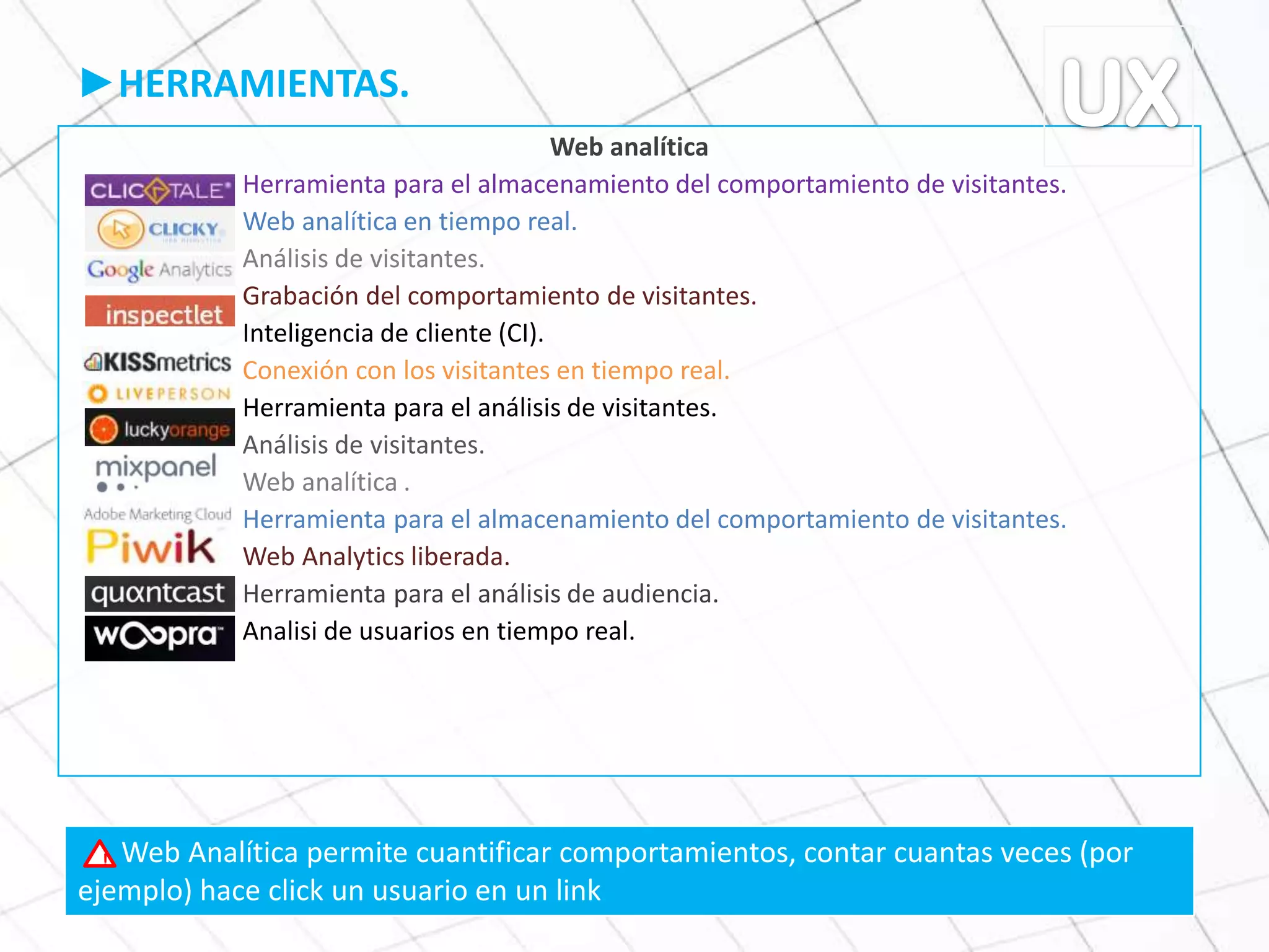 ►HERRAMIENTAS.
Web analítica
Herramienta para el almacenamiento del comportamiento de visitantes.
Web analítica en tiempo real.
Análisis de visitantes.
Grabación del comportamiento de visitantes.
Inteligencia de cliente (CI).
Conexión con los visitantes en tiempo real.
Herramienta para el análisis de visitantes.
Análisis de visitantes.
Web analítica .
Herramienta para el almacenamiento del comportamiento de visitantes.
Web Analytics liberada.
Herramienta para el análisis de audiencia.
Analisi de usuarios en tiempo real.
Web Analítica permite cuantificar comportamientos, contar cuantas veces (por
ejemplo) hace click un usuario en un link
!
 