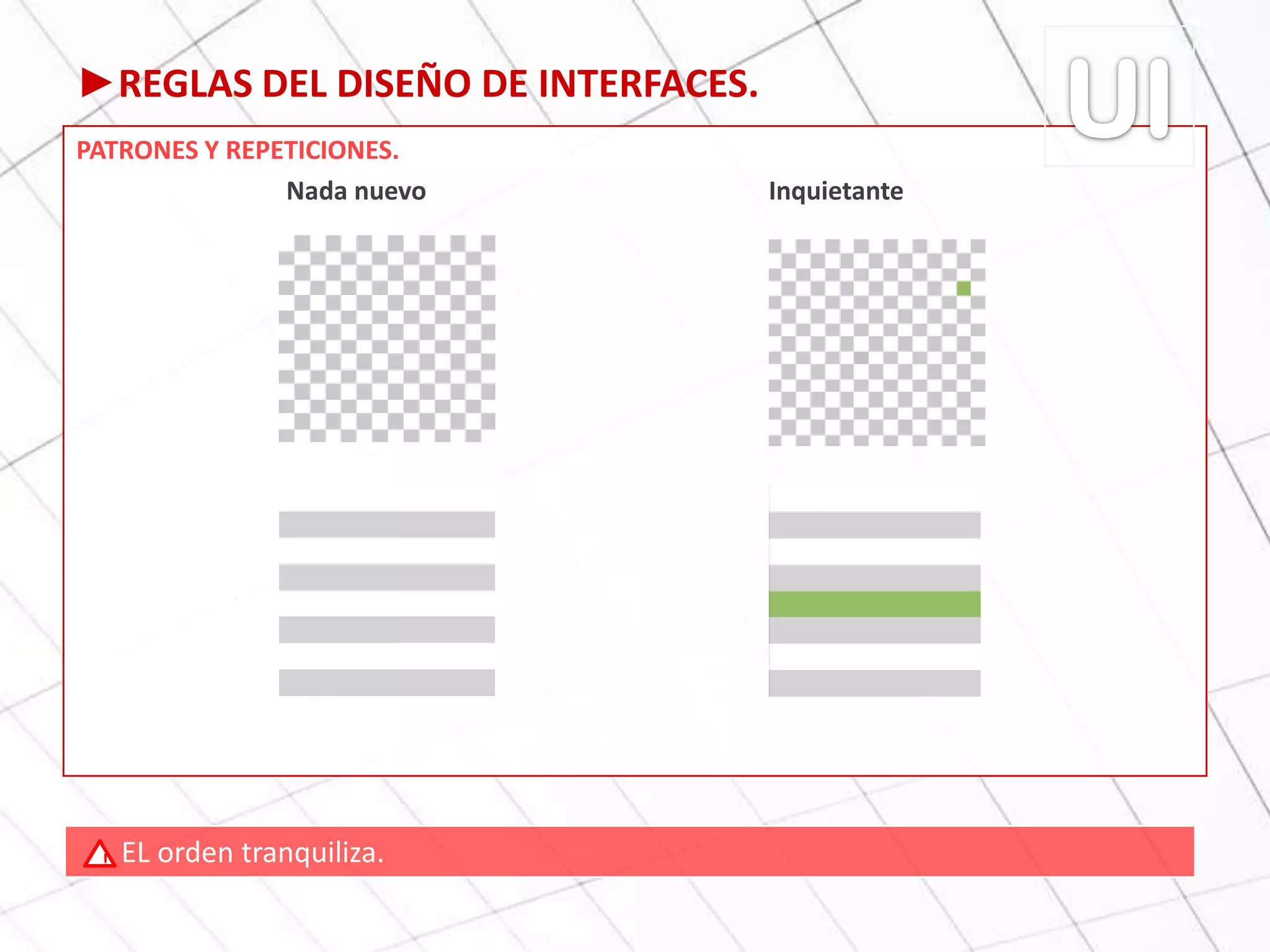 ►REGLAS DEL DISEÑO DE INTERFACES.
PATRONES Y REPETICIONES.
Nada nuevo Inquietante
EL orden tranquiliza.!
 
