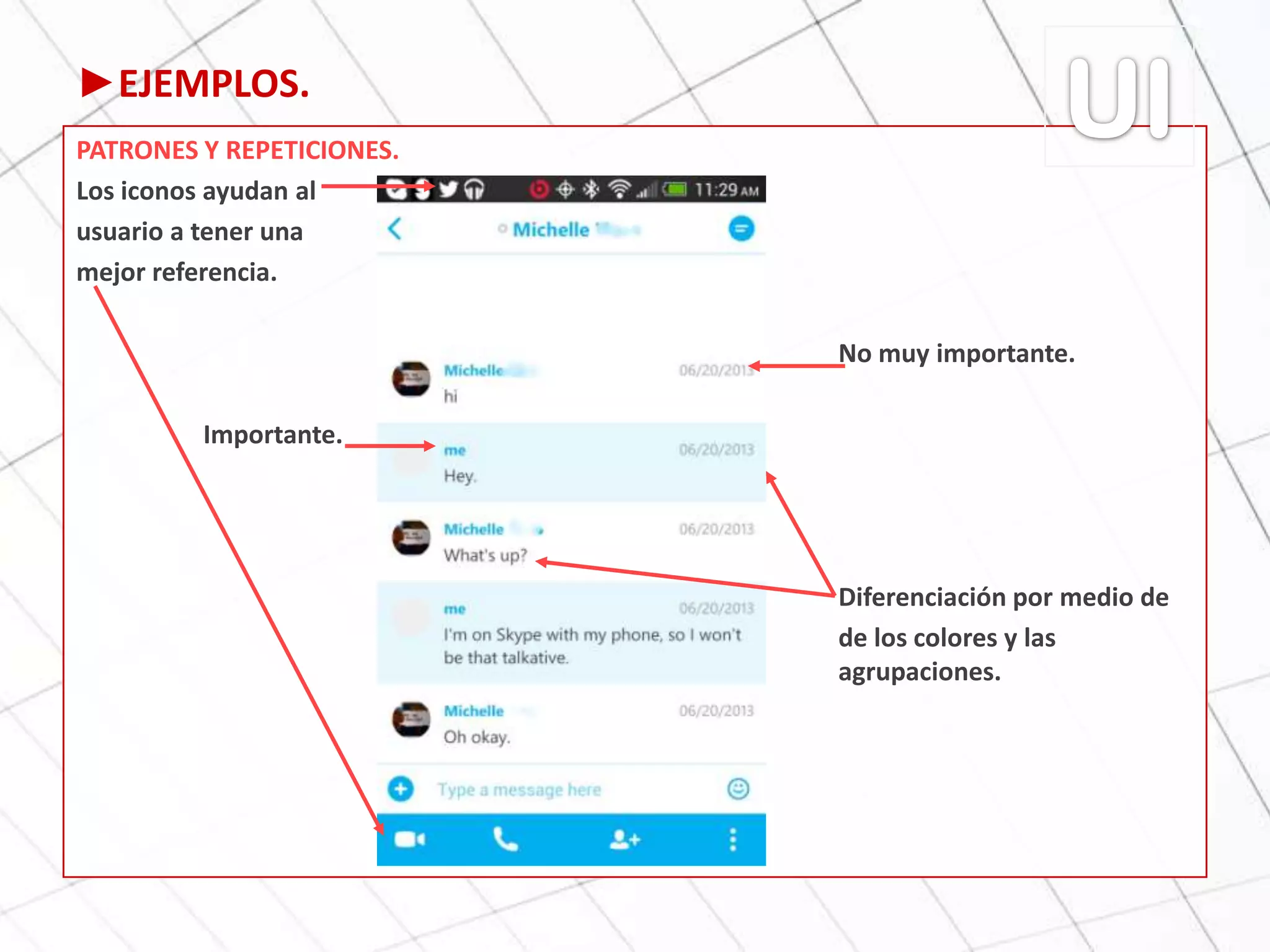►EJEMPLOS.
PATRONES Y REPETICIONES.
Los iconos ayudan al
usuario a tener una
mejor referencia.
No muy importante.
Importante.
Diferenciación por medio de
de los colores y las
agrupaciones.
 