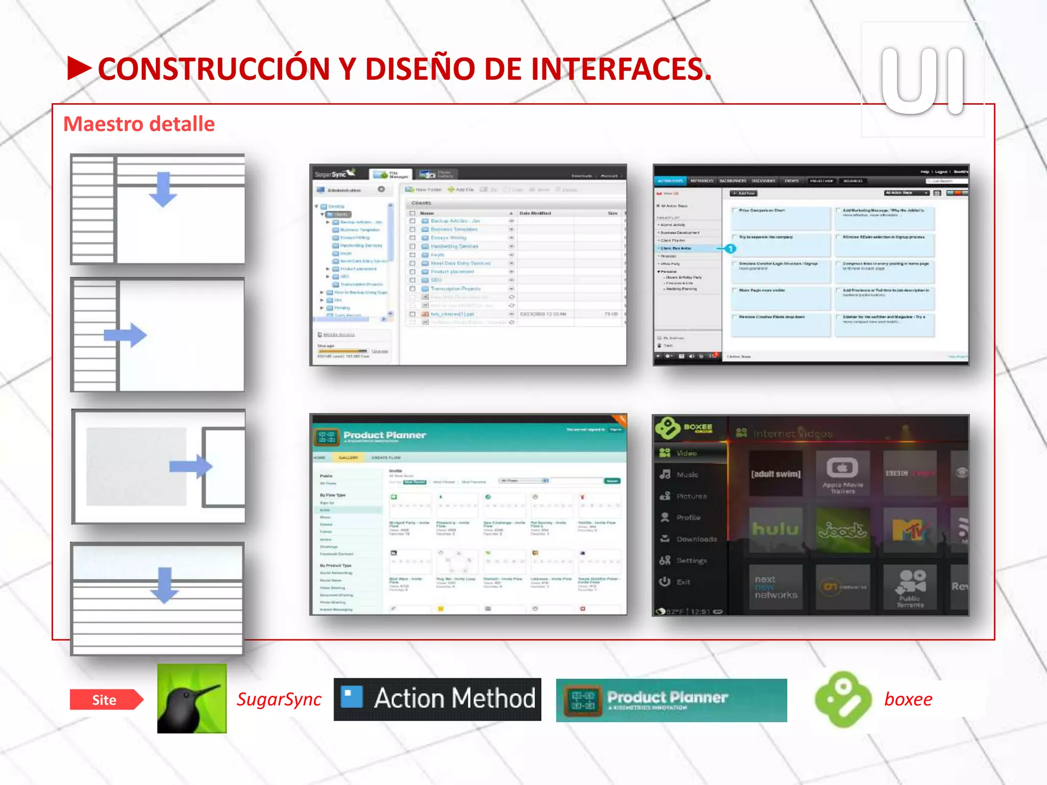►CONSTRUCCIÓN Y DISEÑO DE INTERFACES.
Maestro detalle
SugarSync , ActionM ethod, Product-Planner & boxeeSite
 