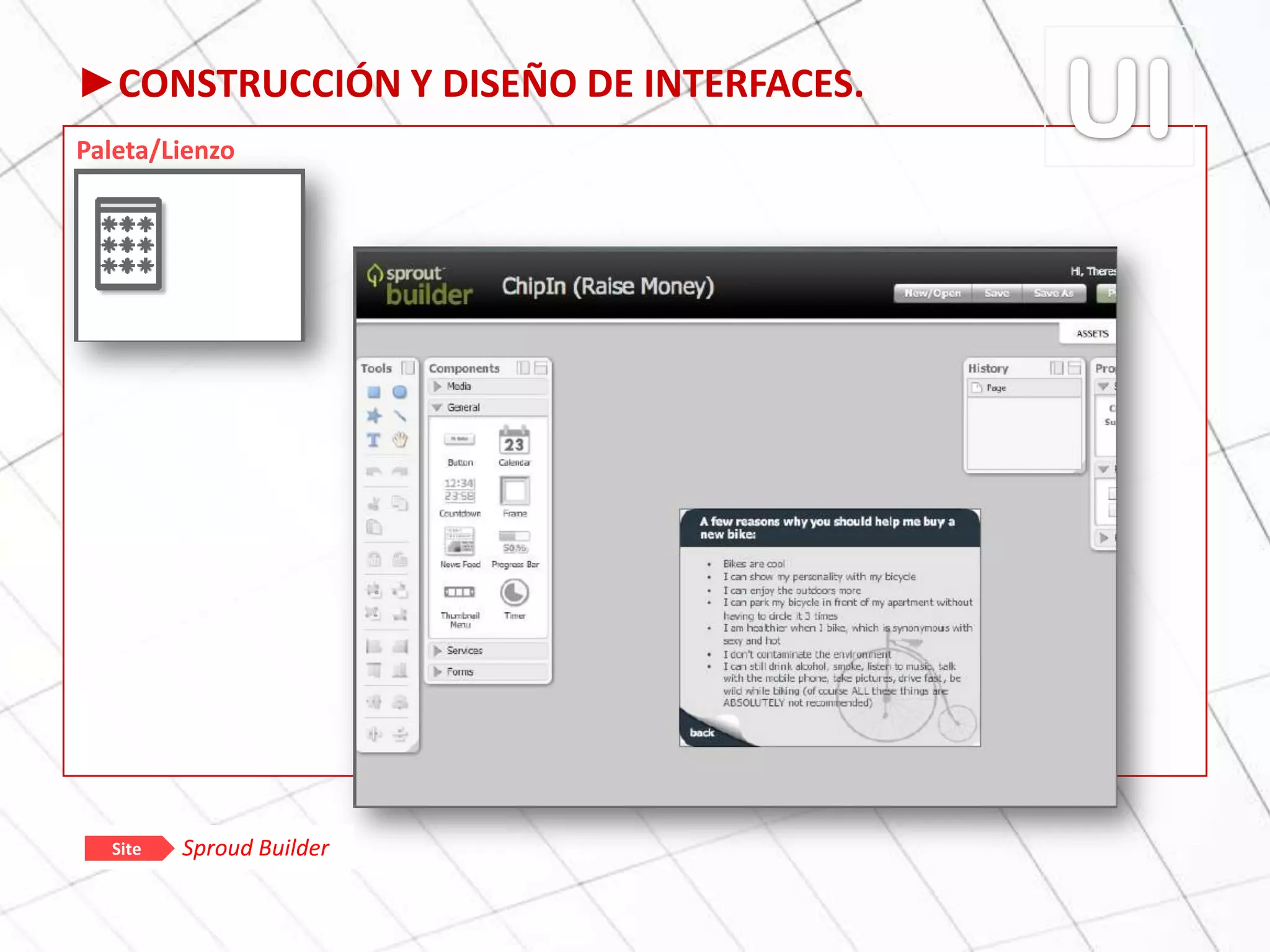 ►CONSTRUCCIÓN Y DISEÑO DE INTERFACES.
Paleta/Lienzo
Sproud BuilderSite
 