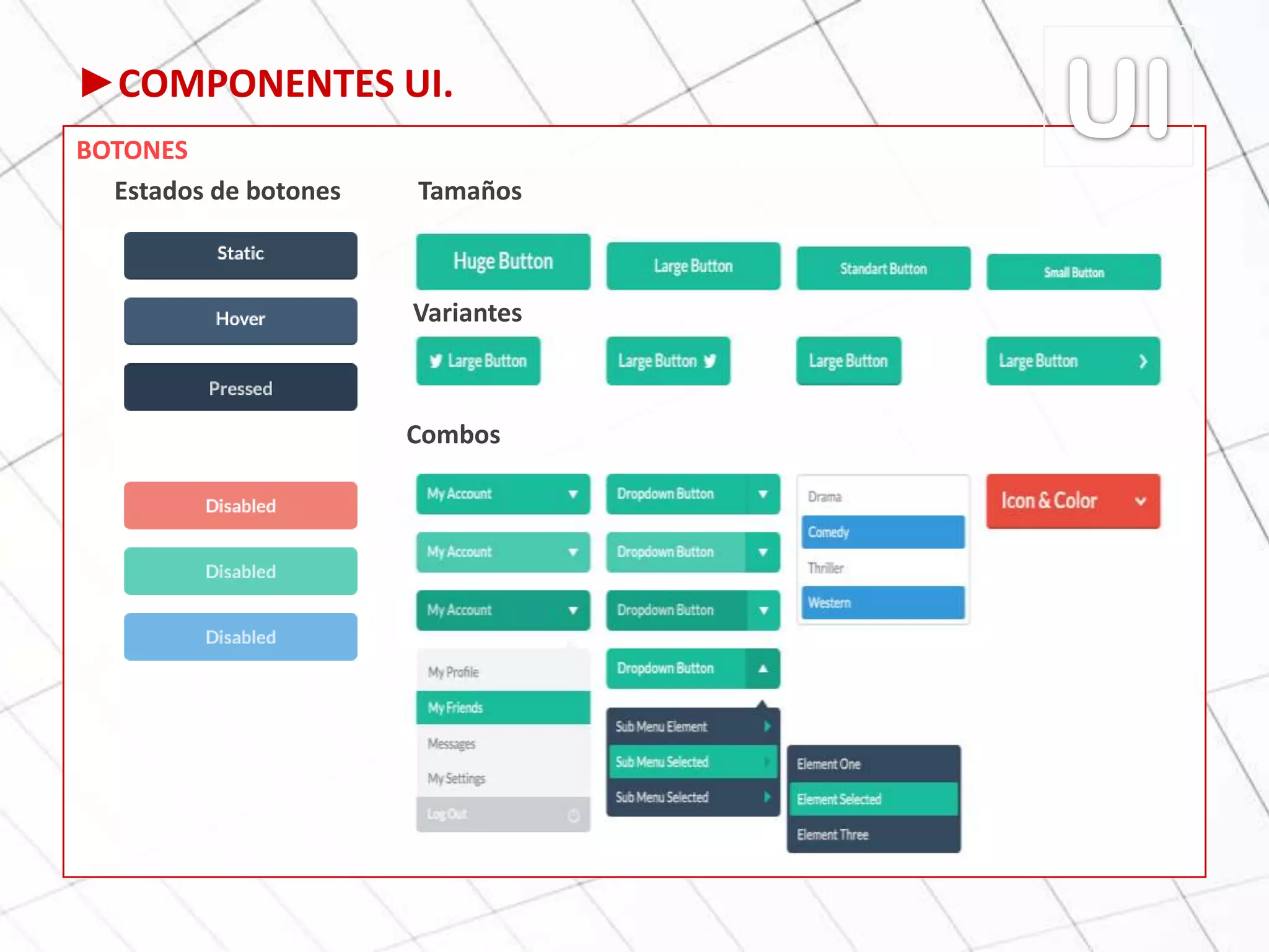 ►COMPONENTES UI.
BOTONES
Estados de botones Tamaños
Variantes
Combos
 