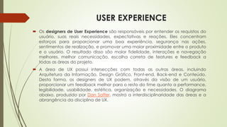 USER EXPERIENCE
 Os designers de User Experience são responsáveis por entender os requistos do
usuário, suas reais necessidades, expectativas e reações. Eles concentram
esforços para proporcionar uma boa experiência, segurança nas ações,
sentimentos de realização, e promover uma maior proximidade entre o produto
e o usuário. O resultado disso são maior fidelidade, interações e navegação
melhores, melhor comunicação, escolha correta de features e feedback a
todas as áreas do projeto.
 A área de UX possui intersecções com todas as outras áreas, incluindo
Arquitetura da Informação, Design Gráfico, Front-end, Back-end e Conteúdo.
Desta forma, os designers de UX podem, através da visão de um usuário,
proporcionar um feedback melhor para o resto do time quanto a performance,
legibilidade, usabilidade, estética, organização e necessidades. O diagrama
abaixo, produzido por Dan Saffer, mostra a interdisciplinaridade das áreas e a
abrangência da disciplina de UX.
 