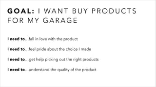 G O A L : I WA N T T O H AV E C L E A N D R I N K A B L E
WAT E R .
I need to…fall in love with the product
I need to…feel pride about the choice I made
I need to…get help picking out the right products
I need to…understand the quality of the product
G O A L : I WA N T B U Y P R O D U C T S
F O R M Y G A R A G E
 