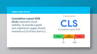 CORE WEB VITALS
Cumulative Layout Shift
(CLS): measures visual
stability. To provide a good
user experience, pages should
maintain a CLS of less than 0.1.
 