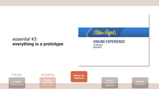 essential #3:
 everything is a prototype




 maven         empathy       Deﬁne the
                             Interface
                Deﬁne                      Select
 Identify                                             Build &
               Customer                  Technical
Opportunity                                          Integrate
               Outcomes                   Solution
                                                                 copyright 2012
 