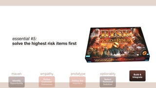 essential #5:
 solve the highest risk items ﬁrst




 maven         empathy         prototype   optionality    Build &
                                                         Integrate
                Deﬁne                         Select
 Identify      Customer        Deﬁne the    Technical
Opportunity    Outcomes        Interface     Solution
                                                                     copyright 2012
 