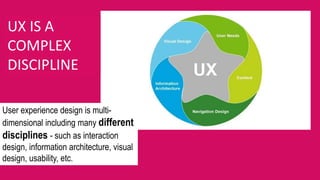 UX IS A
COMPLEX
DISCIPLINE
User experience design is multi-
dimensional including many different
disciplines - such as interaction
design, information architecture, visual
design, usability, etc.
 
