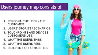 1. PERSONA: THE USER / THE
CUSTOMER
2. USERS’ STORIES / SCENARIOS
3. TOUCHPOINTS AND DEVICES
CUSTOMERS USE
4. WHAT THE USERS THINK
5. WHAT THE USERS FEEL
6. INSIGHTS + OPPORTUNITIES
Users journey map consists of:
 