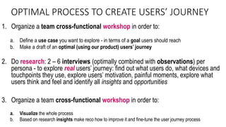 OPTIMAL PROCESS TO CREATE USERS’ JOURNEY
1. Organize a team cross-functional workshop in order to:
a. Define a use case you want to explore - in terms of a goal users should reach
b. Make a draft of an optimal (using our product) users’ journey
2. Do research: 2 – 6 interviews (optimally combined with observations) per
persona - to explore real users’ journey: find out what users do, what devices and
touchpoints they use, explore users’ motivation, painful moments, explore what
users think and feel and identify all insights and opportunities
3. Organize a team cross-functional workshop in order to:
a. Visualize the whole process
b. Based on research insights make reco how to improve it and fine-tune the user journey process
 