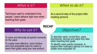What is it?
Technique used to understand how
people / users behave right now when
reaching their goals
As a second step of the project after
creating persona
When to do it?
Why to use it? Objectives?
To solve and eliminate all painful moments
for the users
To create more effective, more intuitive
and more enjoyable ways for users to
reach their goals using your new product
To describe users’ current flow, users
touchpoints, devices and steps they take
when reaching their goals
To identify users painful moments, to
explore their motivation behind it in order to
create more enjoyable UX
RECAP
 