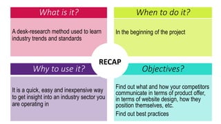 What is it?
A desk-research method used to learn
industry trends and standards
In the beginning of the project
When to do it?
Why to use it? Objectives?
It is a quick, easy and inexpensive way
to get insight into an industry sector you
are operating in
Find out what and how your competitors
communicate in terms of product offer,
in terms of website design, how they
position themselves, etc.
Find out best practices
RECAP
 