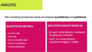 ANALYSIS
QUANTITATIVE METRICS:
• success rate
• error rate
• time to complete task
• clicks to completion
• overall satisfaction .
QUALITATIVE INSIGHTS BASED ON:
• all users’ verbal behavior: expressed
thoughts and comments
• users’ non-verbal behavior:
expressed struggles or delight
After completing all interviews results are analyzed quantitatively and qualitatively
 