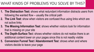 WHAT KINDS OF PROBLEMS YOU SOLVE BY THIS?
1. The Distraction Test: shows what redundant information distracts users from
following the wanted flow – usually the critical path
2. The Link Test: show when visitors are confused thus using links which are
not active links
3. The Missing Information Test: shows whether visitors look for information
that is missing on your site
4. The Depth-Surface Test: shows whether visitors do not realize there is an
additional content lower on your pages since this is not readily visible
5. Conversion Funnel Test / Abandonment Test: shows when and where
visitors decide to leave your page
 