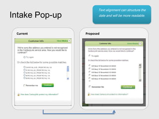 Text alignment can structure the
Intake Pop-up          date and will be more readable.




 Current        Proposed
 