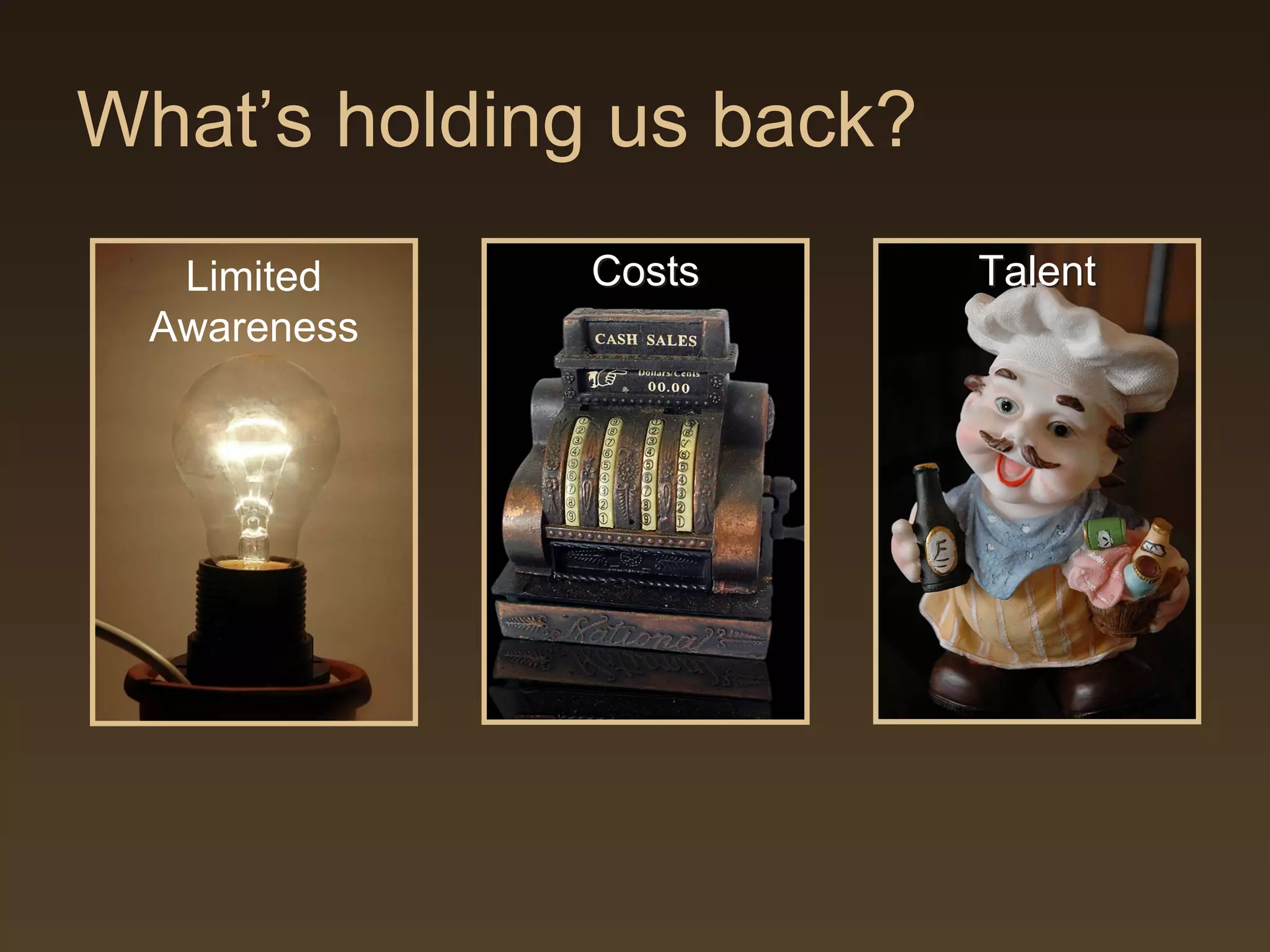 What’s holding us back?
  Limited     Costs       Talent
 Awareness
 