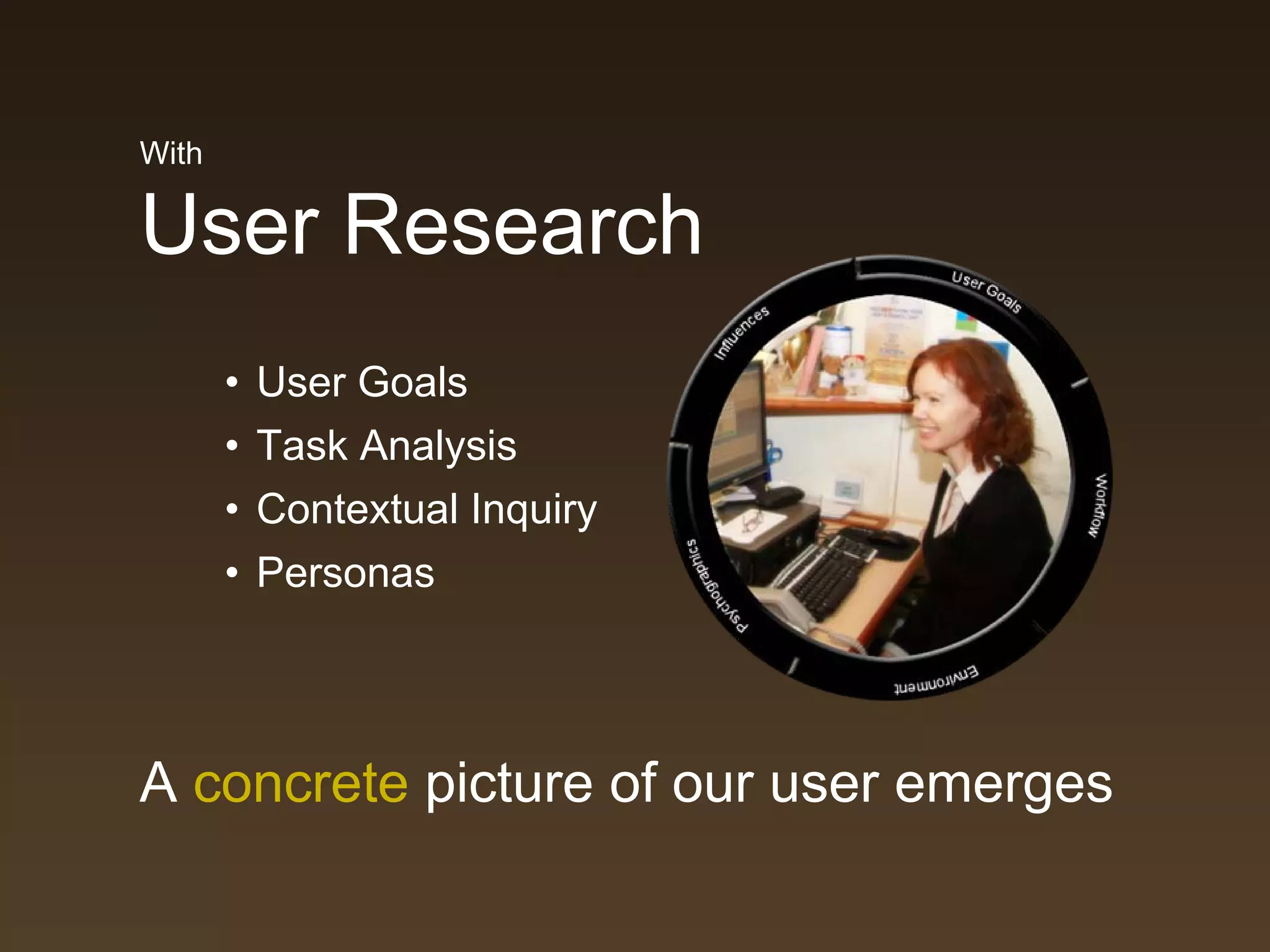 With

User Research
       • User Goals
       • Task Analysis
       • Contextual Inquiry
       • Personas




A concrete picture of our user emerges
 
