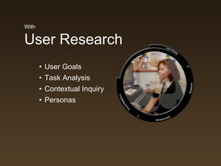 With

User Research
       • User Goals
       • Task Analysis
       • Contextual Inquiry
       • Personas
 