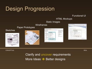 Design Progression
                                                                  Functional UI
                                                   HTML Mockups
                                         Static Images
                                Wireframes
             Paper Prototypes
Sketches




CONCEPTUAL                                                                   REAL


                    Clarify and uncover requirements
                    More Ideas  Better designs
 