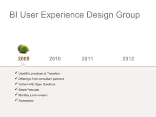BI User Experience Design Group



   2009                   2010          2011   2012

  Usability practices at Travelers
  Offerings from consultant partners
  Visited with Open Solutions
  SharePoint site
  Monthly lunch-n-learn
  Awareness
 