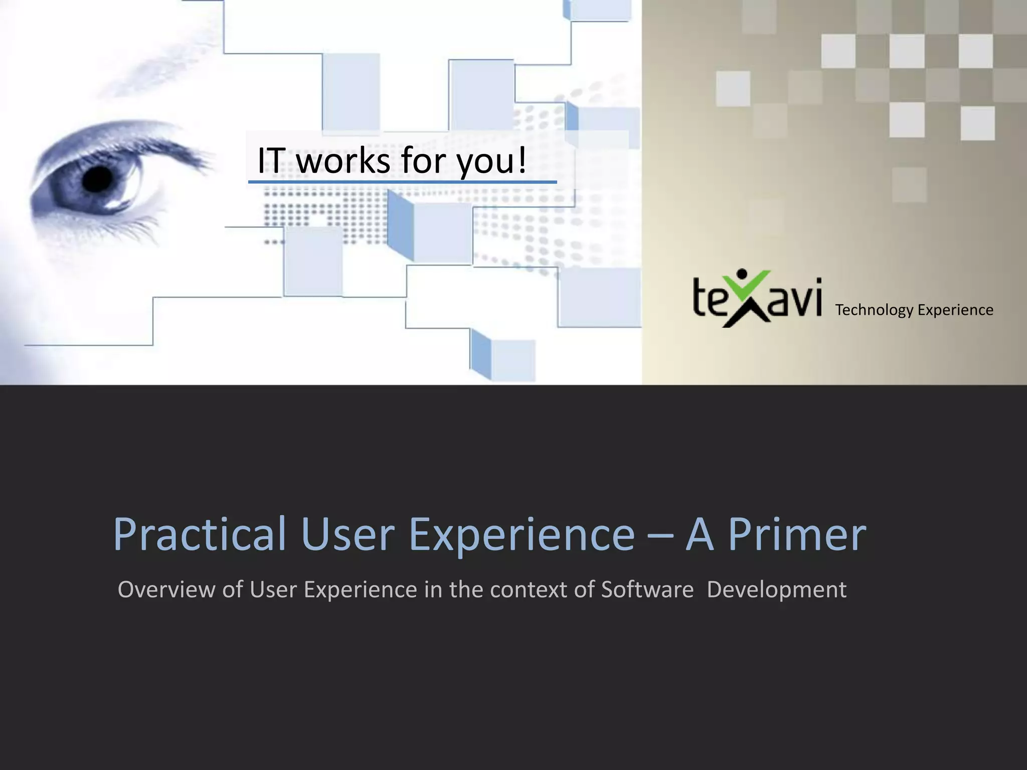 IT works for you!Technology ExperiencePractical User Experience – A Primer Overview of User Experience in the context of Software  Development 