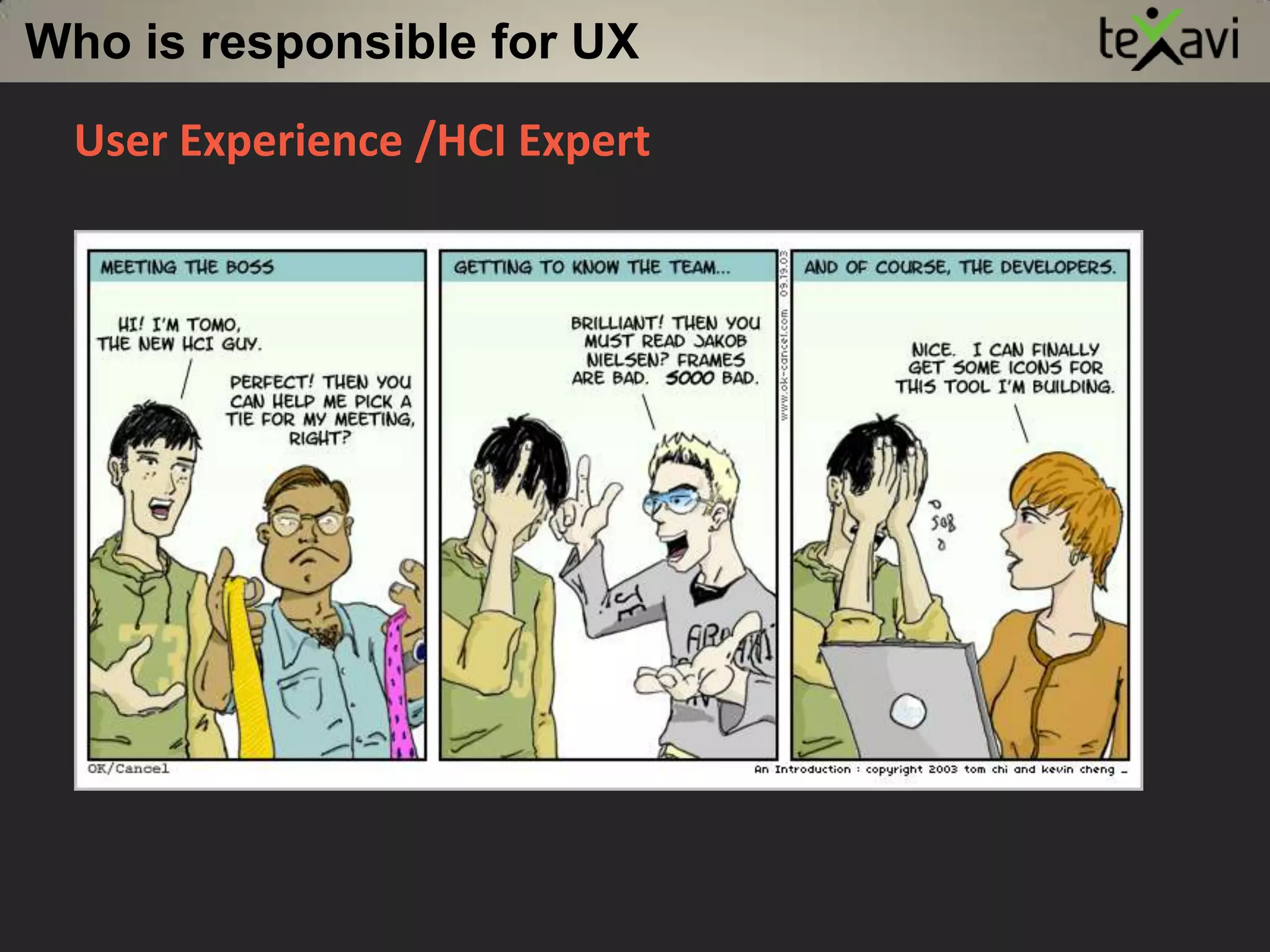 Why do we need UXTraditional Software EngineeringFunctional & Technical RequirementsArchitecture & Tech. Design Coding Functional Testing This methodology does not work !    Why?Functional & TechnicalRequirementsArchitecture & Tech. Design Coding Functional TestingUserTesting This methodology too does not work !   Why?