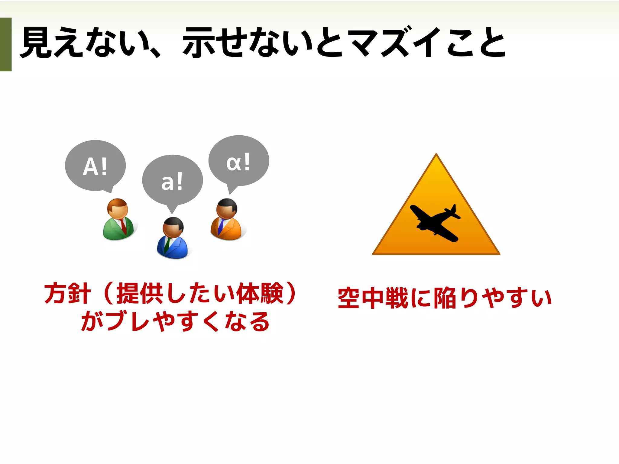 A!
方針（提供したい体験）
がブレやすくなる
a!
α!
空中戦に陥りやすい
見えない、示せないとマズイこと
•  何を作ろうとするのか、はっきりさせる
•  作るものが見えていない/わかりづらい/複雑である時ほど有効
 