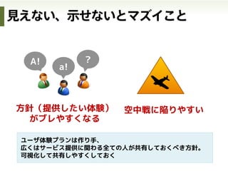 ペルソナ＆シナリオ ストーリーボード
ユーザの一日 UXマップ
可視化する手段はたくさんあります
 