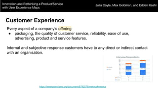 Innovation and Rethinking a Product/Service
with User Experience Maps
https://ieeexplore.ieee.org/document/8792578/metrics#metrics
Julia Coyle, Max Goldman, and Edden Kashi
Customer Experience
Every aspect of a company’s offering
● packaging, the quality of customer service, reliability, ease of use,
advertising, product and service features.
Internal and subjective response customers have to any direct or indirect contact
with an organisation.
 