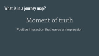 What is in a journey map?
Moment of truth
Positive interaction that leaves an impression
 