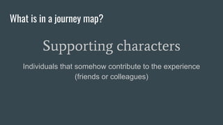 What is in a journey map?
Supporting characters
Individuals that somehow contribute to the experience
(friends or colleagues)
 