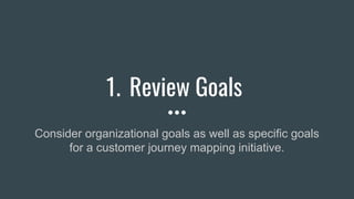 1. Review Goals
Consider organizational goals as well as specific goals
for a customer journey mapping initiative.
 