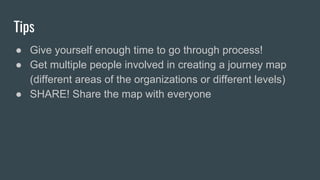 Tips
● Give yourself enough time to go through process!
● Get multiple people involved in creating a journey map
(different areas of the organizations or different levels)
● SHARE! Share the map with everyone
 