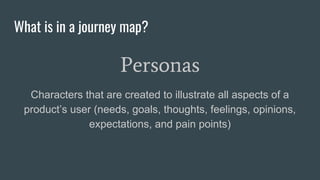 What is in a journey map?
Personas
Characters that are created to illustrate all aspects of a
product’s user (needs, goals, thoughts, feelings, opinions,
expectations, and pain points)
 