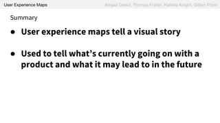 User Experience Maps Abigail Delsol, Thomas Fraher, Kallista Knight, Gillian Pitzer
Summary
● User experience maps tell a visual story
● Used to tell what’s currently going on with a
product and what it may lead to in the future
 