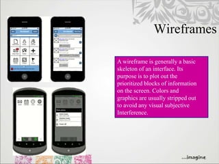 Wireframes

A wireframe is generally a basic
skeleton of an interface. Its
purpose is to plot out the
prioritized blocks of information
on the screen. Colors and
graphics are usually stripped out
to avoid any visual subjective
Interference.
 