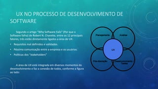 UX NO PROCESSO DE DESENVOLVIMENTO DE
SOFTWARE
Segundo o artigo “Why Software Fails” (Por que o
Software falha) de Robert N. Charette, entre os 12 principais
fatores, três estão diretamente ligados a área de UX:
• Requisitos mal definidos e validados.
• Péssima comunicação entre a empresa e os usuários.
• Políticas dos “stakeholders”
A área de UX está integrada em diversos momentos do
desenvolvimento e faz a conexão de todos, conforme a figura
ao lado:
 
