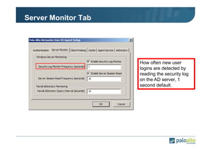 Server Monitor Tab

How often new user
logins are detected by
reading the security log
on the AD server, 1
second default.

 