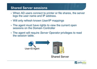 Shared Server sessions
• When AD users connect to printer or file shares, the server

logs the user name and IP address.
• Will only refresh known User/IP mappings
• The agent must have rights to view the current open

sessions on the Domain Controller
• The agent will require Server Operator privileges to read

the session table.

User-ID Agent

Shared Server

 