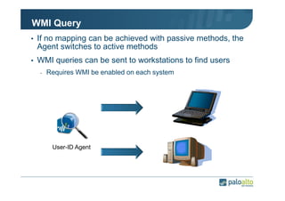 WMI Query
• If no mapping can be achieved with passive methods, the

Agent switches to active methods
• WMI queries can be sent to workstations to find users
-

Requires WMI be enabled on each system

User-ID Agent

 
