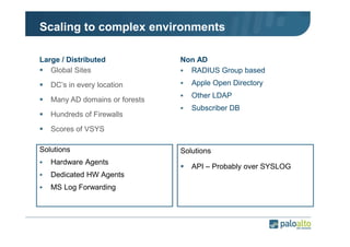Scaling to complex environments
Large / Distributed
Global Sites
DC’s in every location
Many AD domains or forests
Hundreds of Firewalls

Non AD
RADIUS Group based
Apple Open Directory
Other LDAP
Subscriber DB

Scores of VSYS
Solutions
Hardware Agents
Dedicated HW Agents
MS Log Forwarding

Solutions
API – Probably over SYSLOG

 