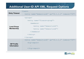 Additional User-ID API XML Request Options
<login>
Entry Timeout

<entry name=”domainuid1” ip=”10.1.1.1” timeout=“20”>
<groups>
<entry name=“finance-group”>
<members>
<entry name=”domainuid1”>

Local Group
Membership

<entry name=”domainuid2”>
</members>
</entry>
</groups>
<entry name=”domainuid1” ip=”10.1.1.1” timeout=“20”>

HIP Profile
Information

<hip-report>
…
</hip-report>

 