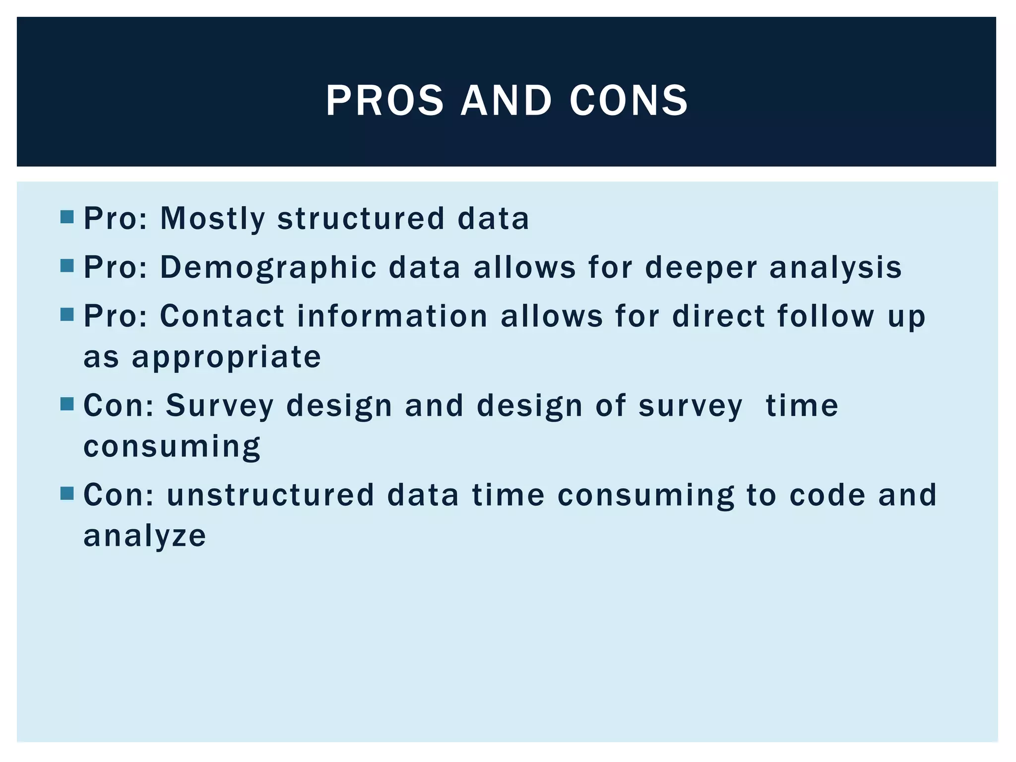 PROS AND CONS 
 Pro: Mostly structured data 
 Pro: Demographic data allows for deeper analysis 
 Pro: Contact information allows for direct follow up 
as appropriate 
 Con: Survey design and design of survey time 
consuming 
 Con: unstructured data time consuming to code and 
analyze 
 