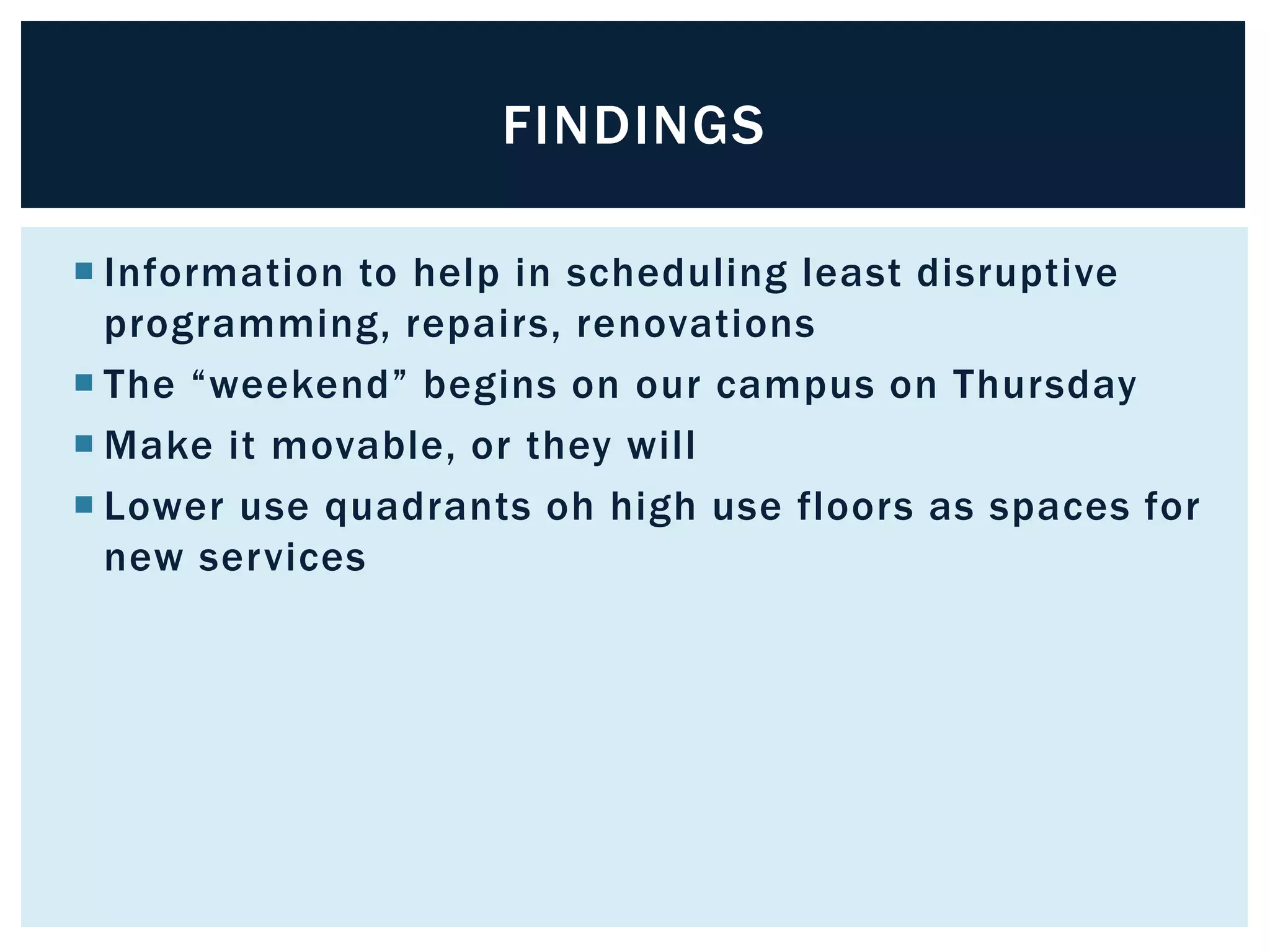 FINDINGS 
 Information to help in scheduling least disruptive 
programming, repairs, renovations 
 The “weekend” begins on our campus on Thursday 
Make it movable, or they will 
 Lower use quadrants oh high use floors as spaces for 
new services 
 