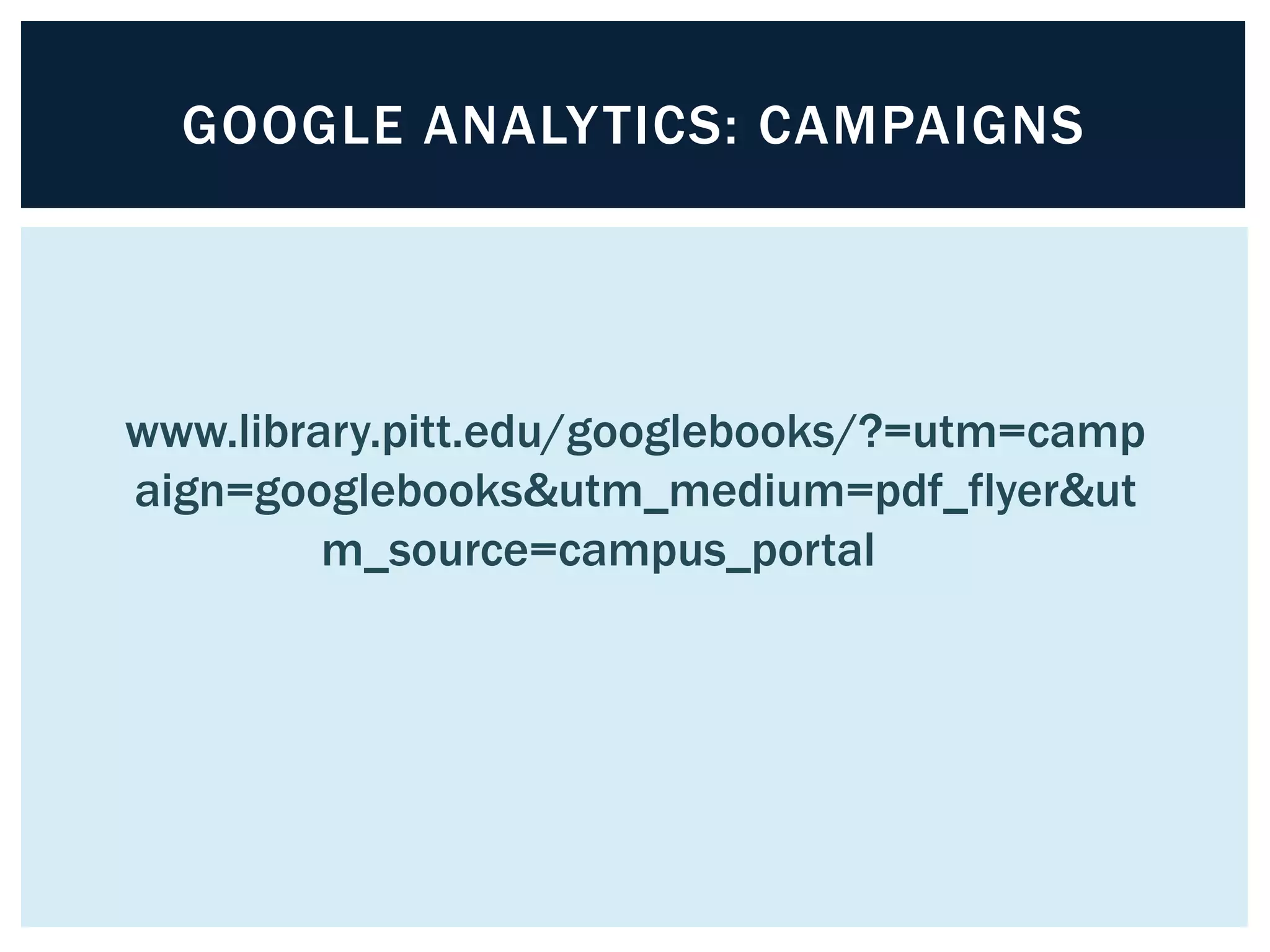 GOOGLE ANALYTICS: CAMPAIGNS 
www.library.pitt.edu/googlebooks/?=utm=camp 
aign=googlebooks&utm_medium=pdf_flyer&ut 
m_source=campus_portal 
 