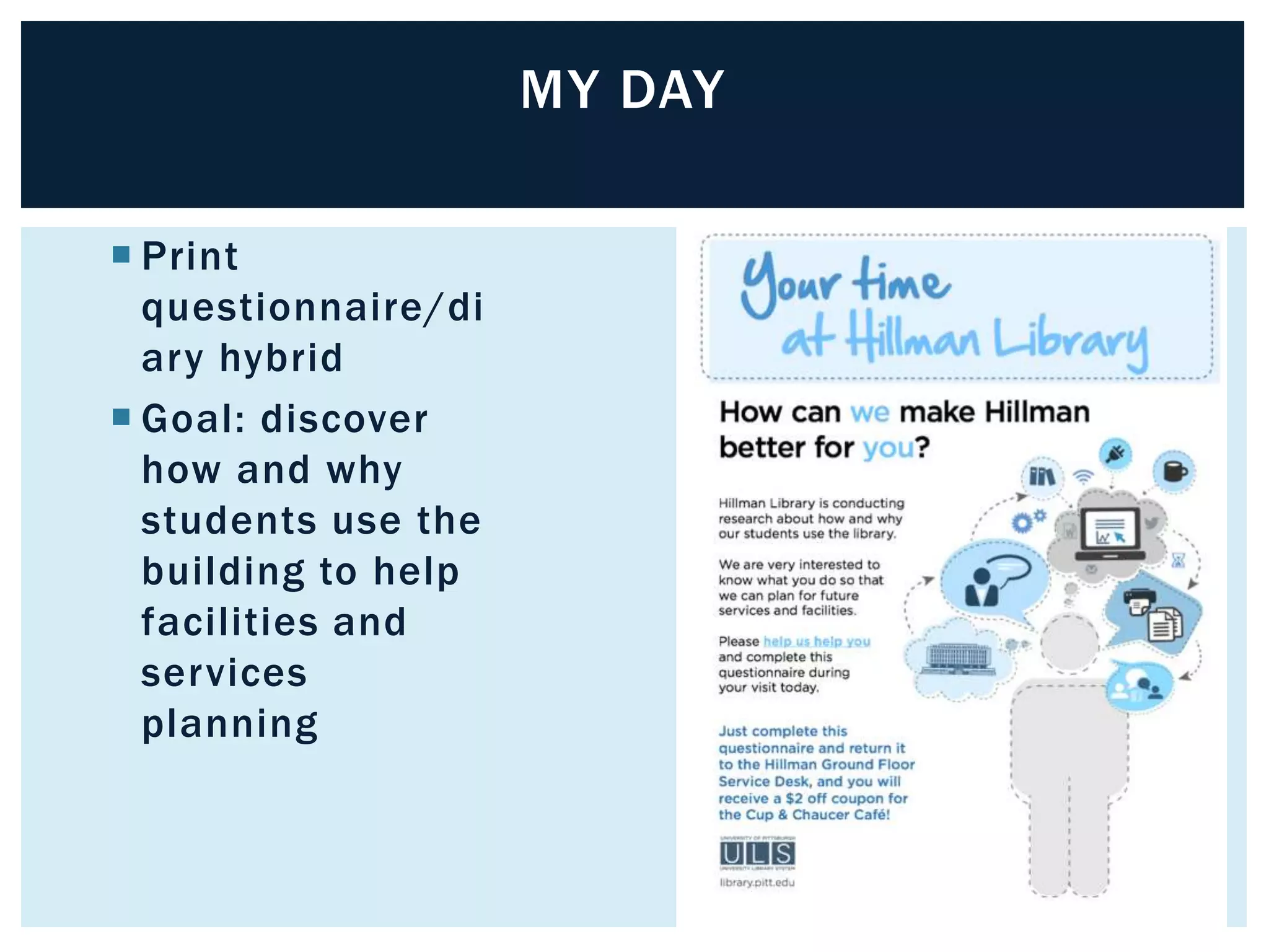  Print 
questionnaire/di 
ary hybrid 
 Goal: discover 
how and why 
students use the 
building to help 
facilities and 
services 
planning 
MY DAY 
 